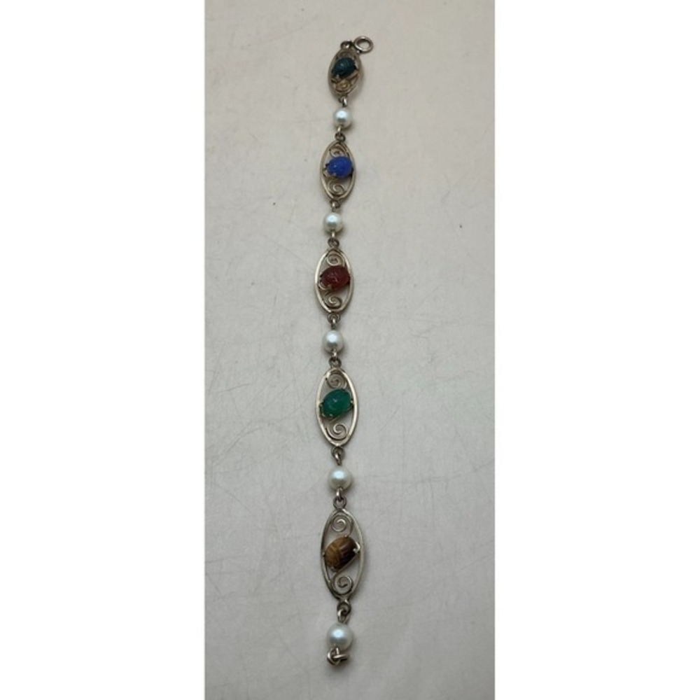 Vintage Egyptian Gold-Filled Revival Scarab Bracelet, Multi Carved Gems, Pearls‎